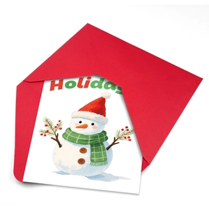Detalle de tarjeta de Navidad con ilustración de muñeco de nieve y sobre rojo