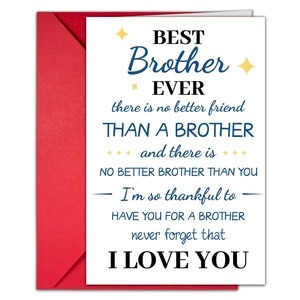 Detail van de Best Brother Ever wenskaart met gouden sterren en rode luxe envelop