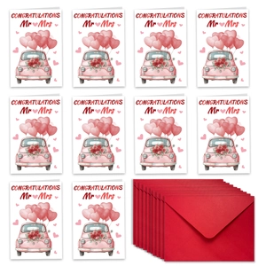 Set of 10 white wedding cards with red envelopes featuring a pink car and heart balloons