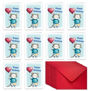 Lot de 10 cartes d'anniversaire chat avec enveloppes rouges et intérieur vierge DIY
