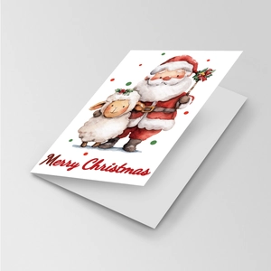 Détail d'une carte de Noël avec illustration de Père Noël et agneau à l'aquarelle
