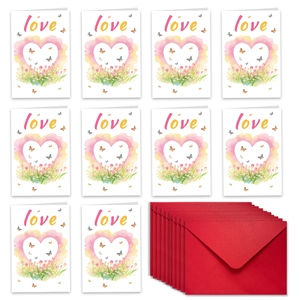 Details von 10 Aquarell-Valentinskarten mit rosa Herzen und roten Umschlägen