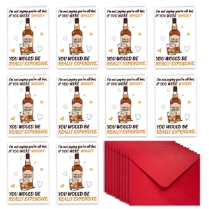 Set of 10 Valentine cards and red envelopes with vintage whiskey bottle illustrations
