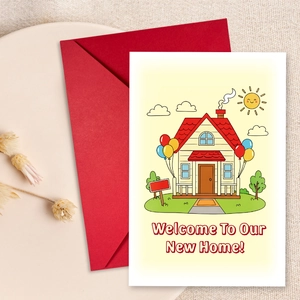 Close-up of 'Welcome To Our New Home' card with red envelope on a rustic beige linen setup