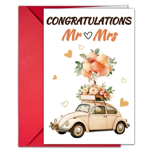 Detail of wedding cards with vintage car illustration and festive red envelopes