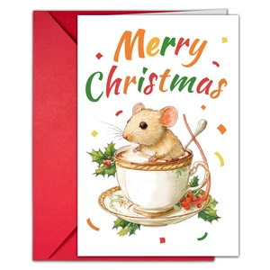 Detail of Christmas greeting card set with mouse in teacup illustration and red envelope