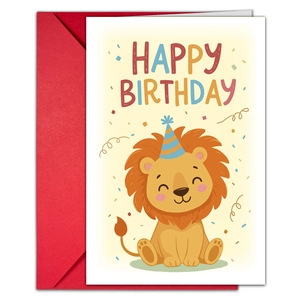 Détail d'une carte d'anniversaire lion avec enveloppe rouge et décor de fête coloré