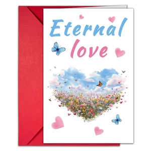 Details der Eternal Love Valentinskarte mit Blumenherz und rotem Umschlag