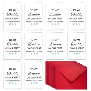 Detalle de 10 tarjetas del Día del Padre con sobres rojos y diseño de corazones