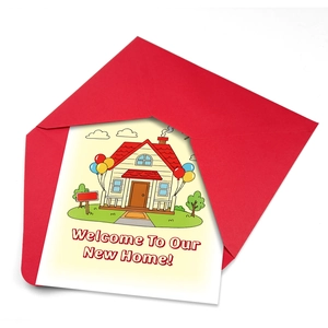 Detail of Welcome To Our New Home greeting card with a red envelope and cartoon house design