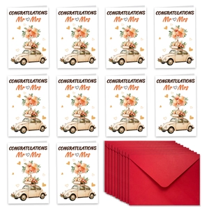 Detail of 10 wedding cards with vintage car design and red envelopes for congratulations