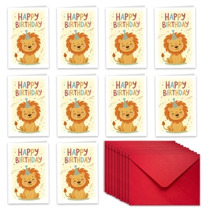 Détail de 10 cartes d'anniversaire lion avec enveloppes rouges assorties