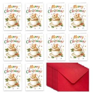 Set of 10 Christmas greeting cards featuring cute mouse in teacup with red envelopes