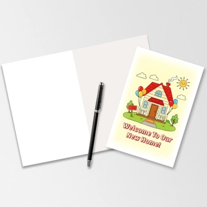 Detail of cartoon house moving card with Welcome To Our New Home message and envelope