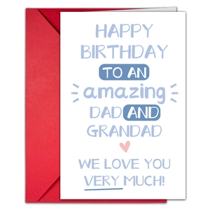 Close-up of birthday card for Dad with blue lettering and matching red envelope