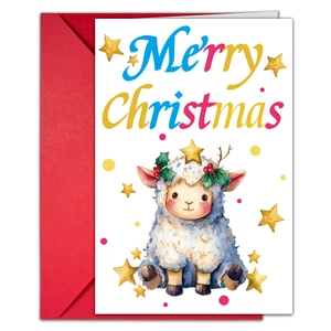 Close-up of Christmas card with cute cartoon sheep, golden stars and red envelope