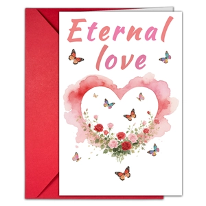 Makroaufnahme einer Valentinstags-Karte mit Eternal Love Text und rotem Umschlag