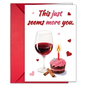 Close-up of artistic greeting card with red wine illustration and a bright red envelope