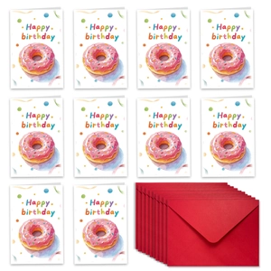 10er-Set Aquarell-Geburtstagskarten mit rosa Donut-Design und roten Umschlägen