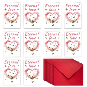Detail von 10 Aquarell-Valentinskarten mit Eternal Love Text und roten Umschlägen