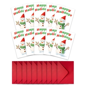 Set de 10 tarjetas de Navidad con muñecos de nieve y sobres rojos a juego