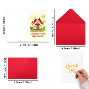 Detailed dimensions of foldable housewarming card and envelope for new home welcome