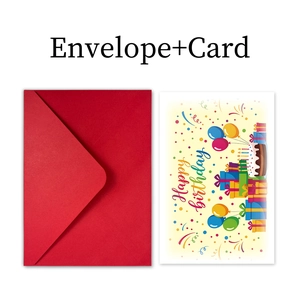 Detail of Happy Birthday card with colorful cake and red envelope set in a flat lay view