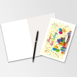 Detailed view of Happy Birthday card set with colorful illustrations and writing pen