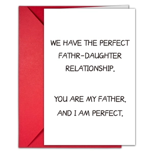 Close-up of a white Father's Day card with humorous text and a bold red envelope