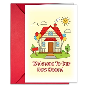 Detail of cartoon house moving card with red envelope and Welcome To Our New Home text