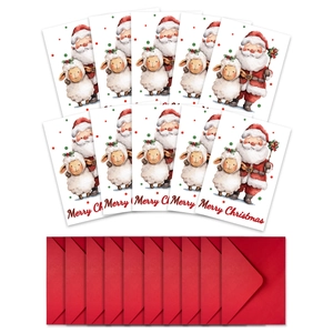 Lot de 10 cartes de Noël aquarelle Père Noël avec enveloppes rouges assorties