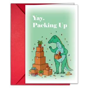 Close-up of packing dinosaur greeting card and red envelope set for moving
