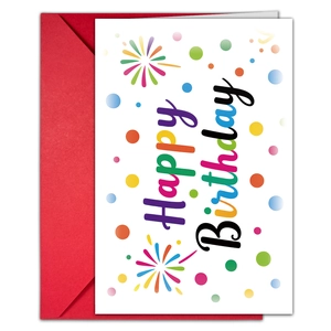 Flat lay of Happy Birthday card with colorful polka dots and a vibrant red envelope