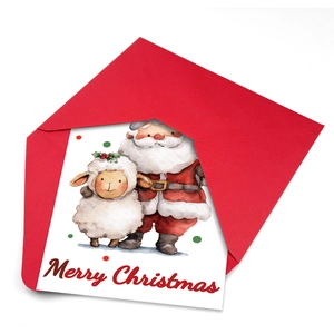 Détail d'une carte de Noël avec illustration du Père Noël et enveloppe rouge
