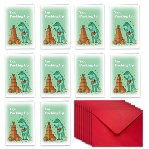 Macro detail of cartoon dinosaur moving cards with red envelopes in a neat array