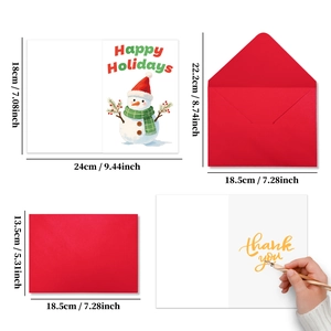 Especificaciones de tamaño para tarjetas de Navidad y sobres rojos con diseño de muñeco nieve