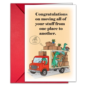 Detail view of cartoon dinosaur moving card with a matching red envelope set