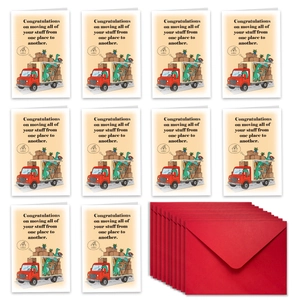 Detailed view of 10 moving house cards with cartoon truck and 10 red envelopes set