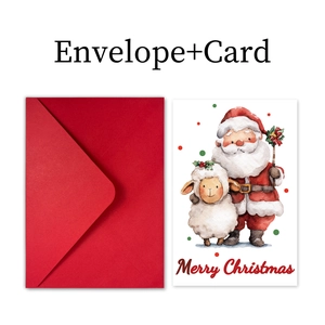Détail de carte de Noël avec illustration du Père Noël et enveloppe rouge festive
