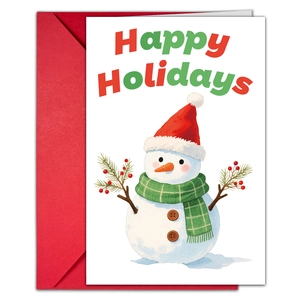 Detalle de una tarjeta de Navidad blanca con ilustración de muñeco de nieve y texto rojo