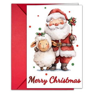 Détail d'une carte de Noël avec Père Noël à l'aquarelle et enveloppe rouge
