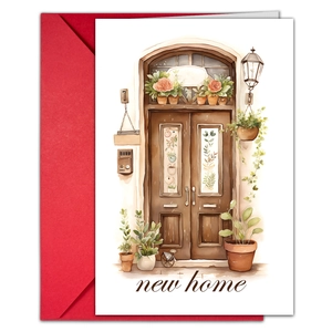 Detail view of watercolor new home greeting card with artistic lettering and red envelope