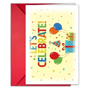 Detail view of Let's Celebrate birthday card with colorful balloons and red envelope