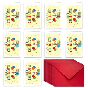Set of 10 colorful birthday cards with LET'S CELEBRATE balloons and red envelopes