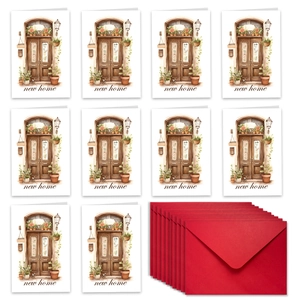 Close-up of new home watercolor cards with red envelopes and floral door designs