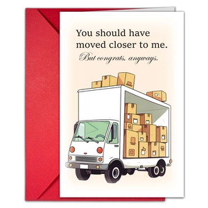 Macro shot of funny moving card with delivery truck illustration and red envelope