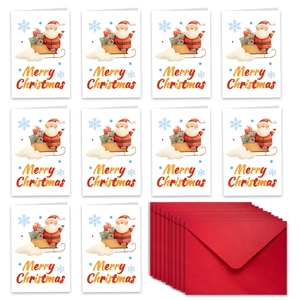 Lot de 10 cartes de Noël avec Père Noël à l'aquarelle et enveloppes rouges