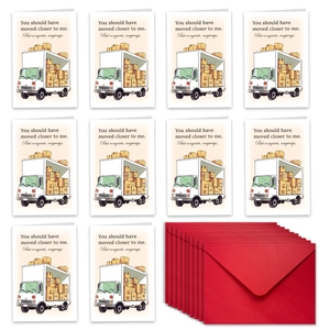 Set of moving cards with cute truck illustration and matching red envelopes