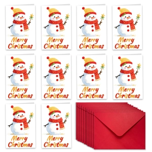 Detalle de 10 tarjetas navideñas con diseño de muñeco de nieve y sobres rojos