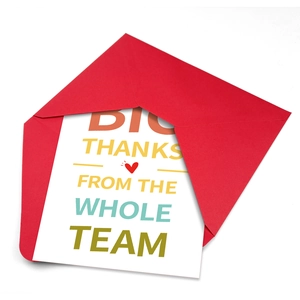 Detailed view of the large 'Big Thanks From The Whole Team' greeting card with red envelope